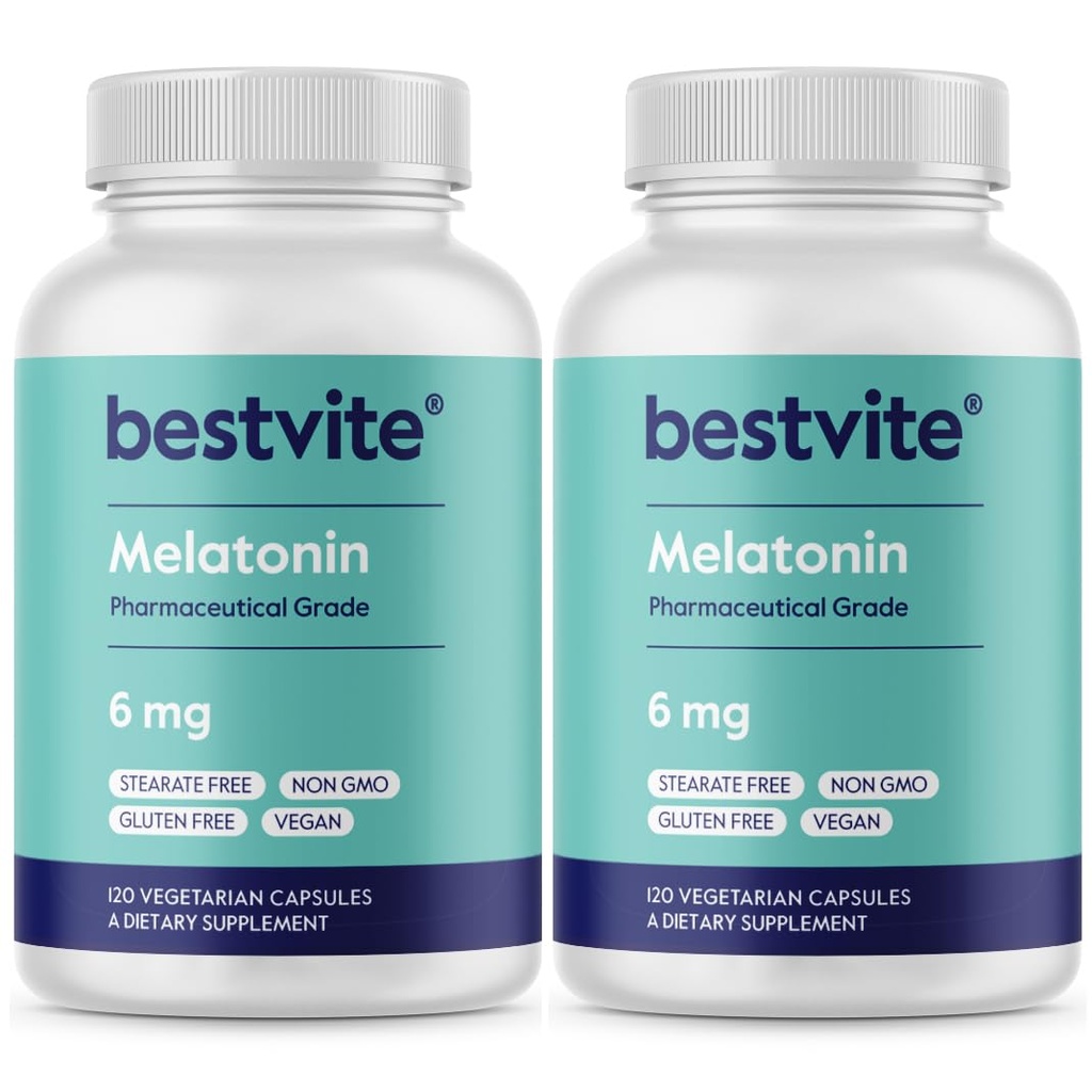 BESTVITE Melatonin 6mg (240 vegetariske kapsler) (120 x 2) - Ingen stearater - Vegan - Ikke GMO - Gluten Free