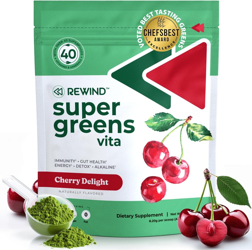 Bedste Tasting Super Green Powder med 40 + Superfood - Lækker Daglig Green Powder med vitamin B12, Zink, C-vitamin, Magnesium & Calcium - Green Juice Superfood Mix - Cherry Flavor
