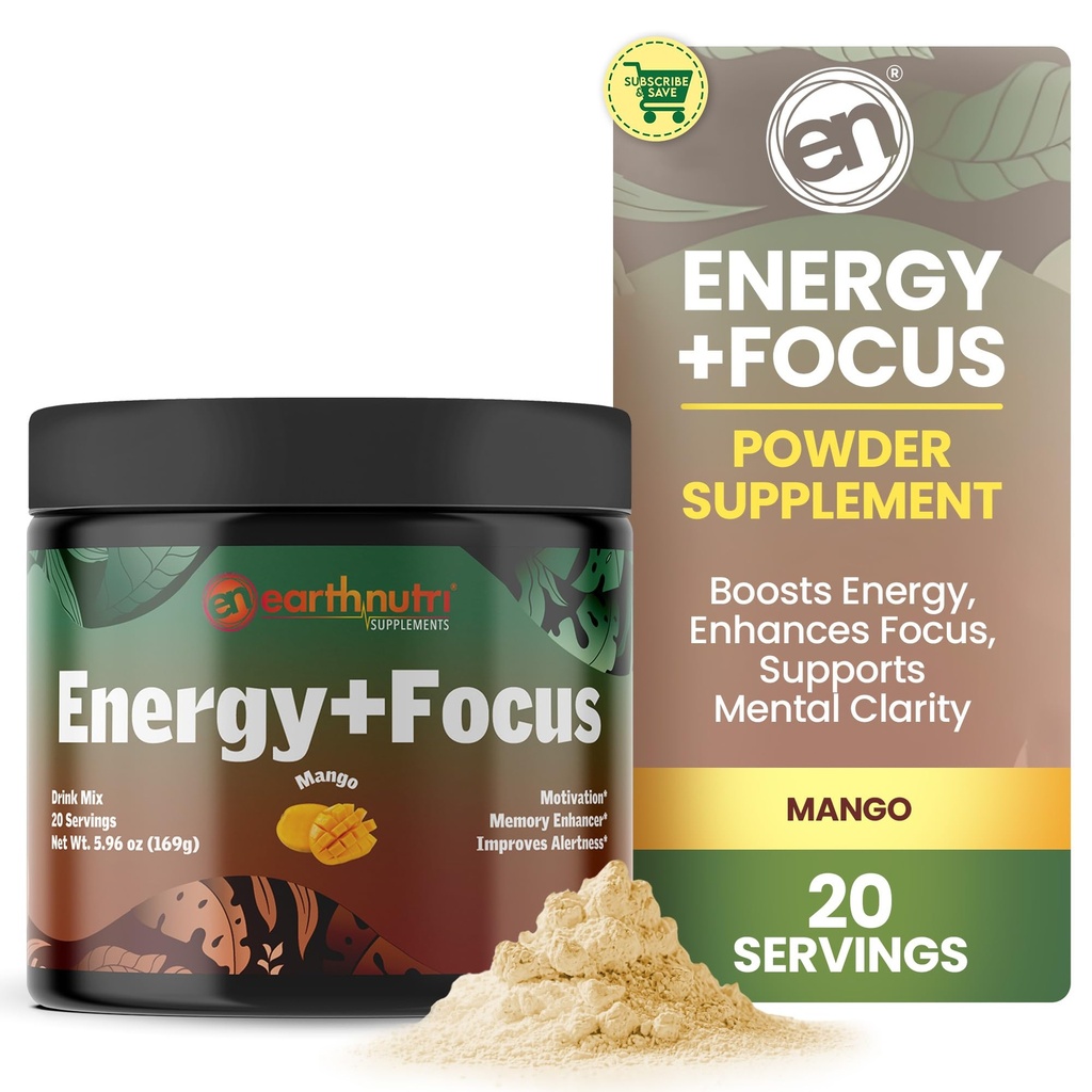 EarthNutri Energy + Focus Powder Supplement - Energy Boost & Hjælper Koncentration med PeakO2, AlphaSize, Cognizin, PurCaf, Theacrine, Acetyl L- Carnitin L- Tyrosine - Mango Flavor - 20 Servere (171g)