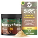EarthNutri Energy + Focus Powder Supplement - Energy Boost & Hjælper Koncentration med PeakO2, AlphaSize, Cognizin, PurCaf, Theacrine, Acetyl L- Carnitin L- Tyrosine - Mango Flavor - 20 Servere (171g)