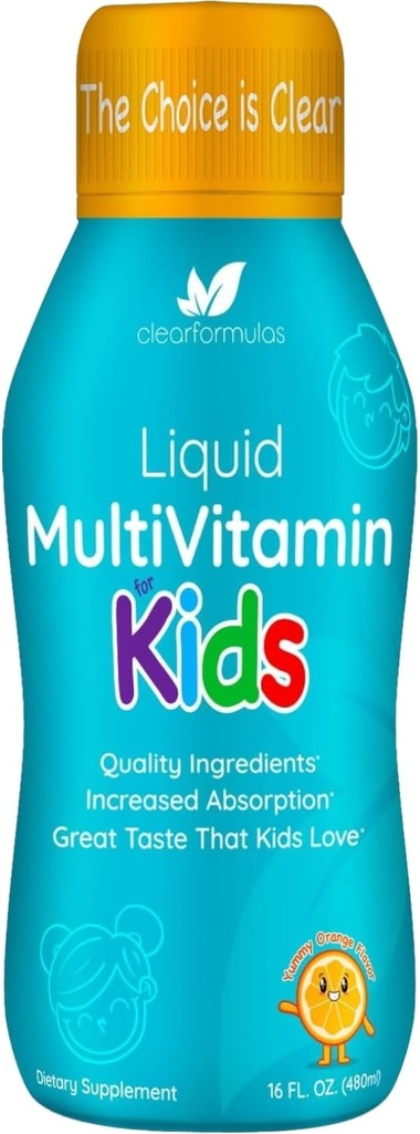 Sugar Free Liquid Multivitamin til børn - High Absorption Kids Liquid Multivitamin med vitaminer A C D E & B Complex Plus Quercetin immunsupport Complex - 3. part testet - Orange Flavor (1 måned)