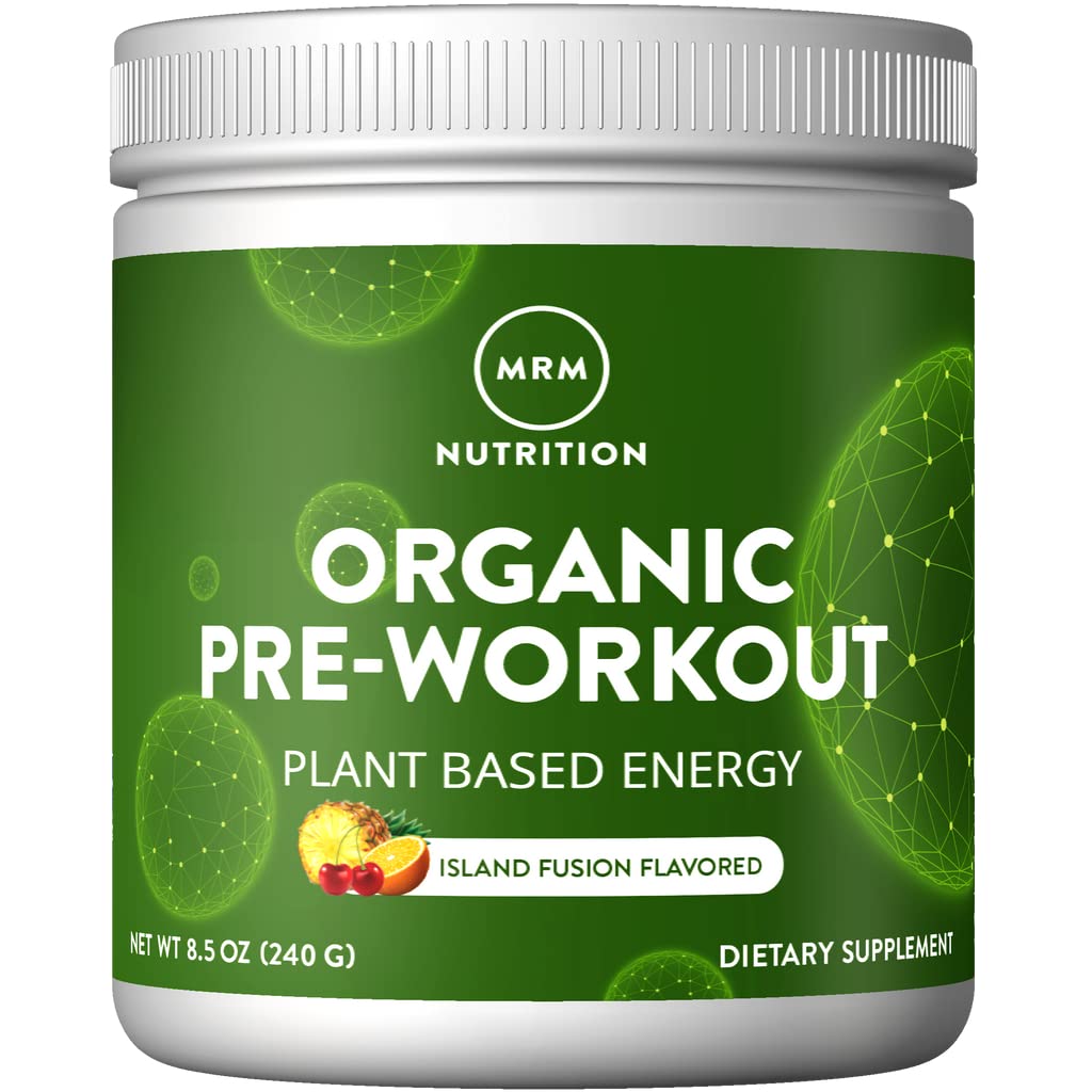MRM Nutrition Organic Pre- Workout Powder against 124; Island Fusion Flavored Measurement 124; Superfoods + 150mg Natural Koffein + adaptogens Measurement 124; Clean Energy + Focus Measurement 124; Sund Blood Flow Measurement 124; Vegan + Non- GMO Measurement 124; 20 Servering