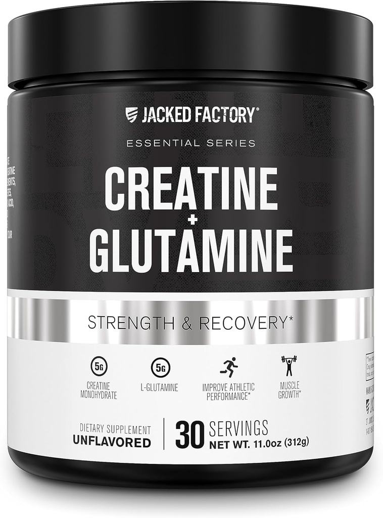 Jacked Factory Creatin + Glutamin - Kreatin tillæg med L- Glutamin til muskel inddrivelse, muskelvækst, øget styrke, forbedret energi output, og Gut sundhed - 30 Serveringer, Unflavored