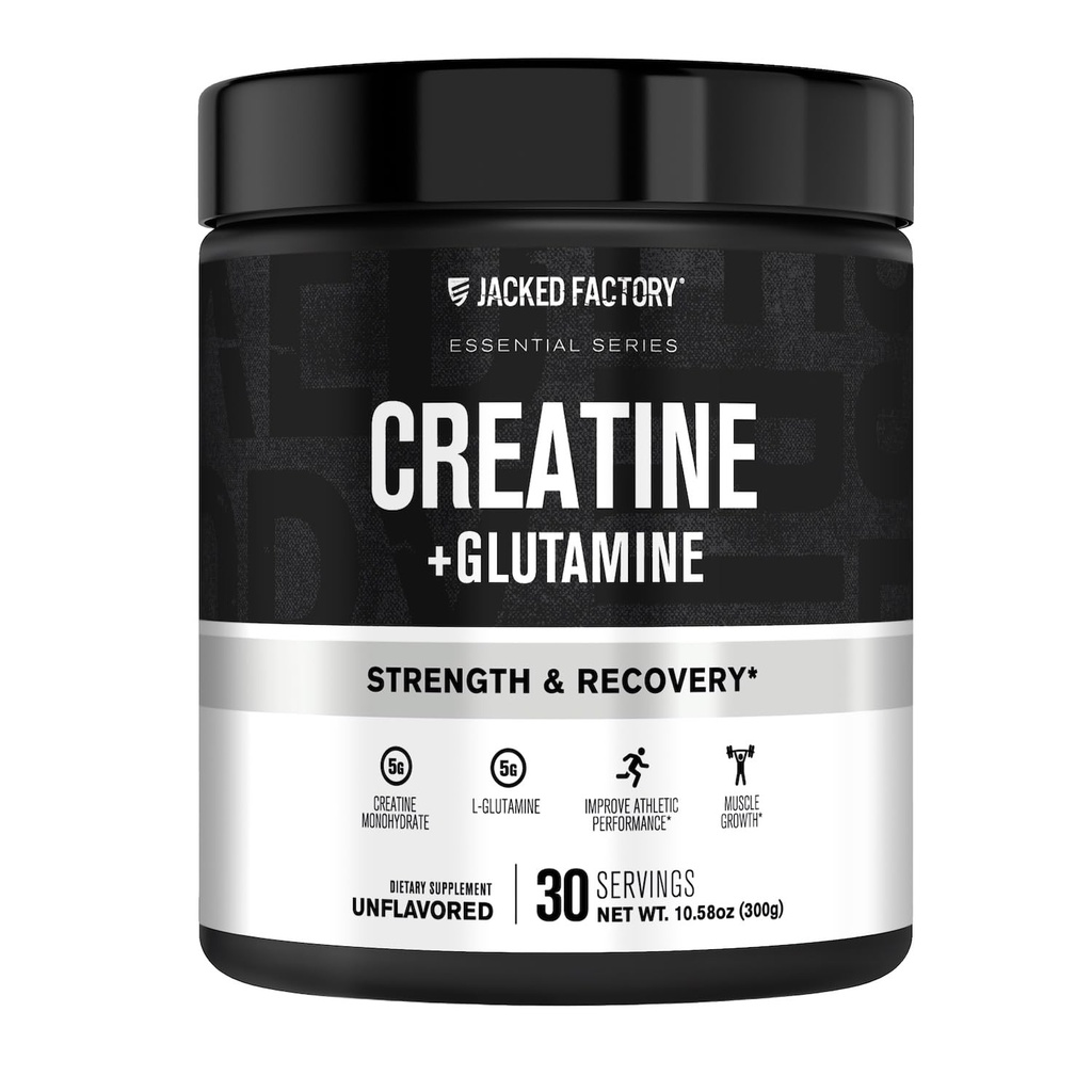 Jacked Factory Creatin + Glutamin - Kreatin tillæg med L- Glutamin til muskel inddrivelse, muskelvækst, øget styrke, forbedret energi output, og Gut sundhed - 30 Serveringer, Unflavored