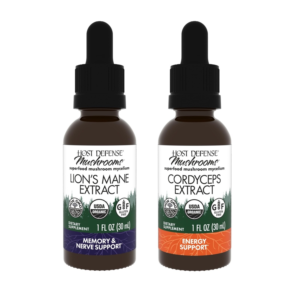 Host Defense Bundle med Lions Mane Extract, 1 fl oz & Cordyceps Extract, 1 fl oz - Support Brain Health, Memory & Focus - Immun & Energy Support Supplement *