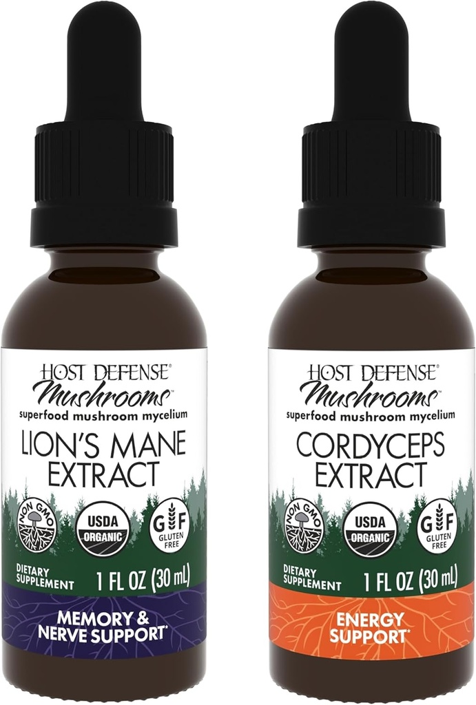Host Defense Bundle med Lions Mane Extract, 1 fl oz & Cordyceps Extract, 1 fl oz - Support Brain Health, Memory & Focus - Immun & Energy Support Supplement *