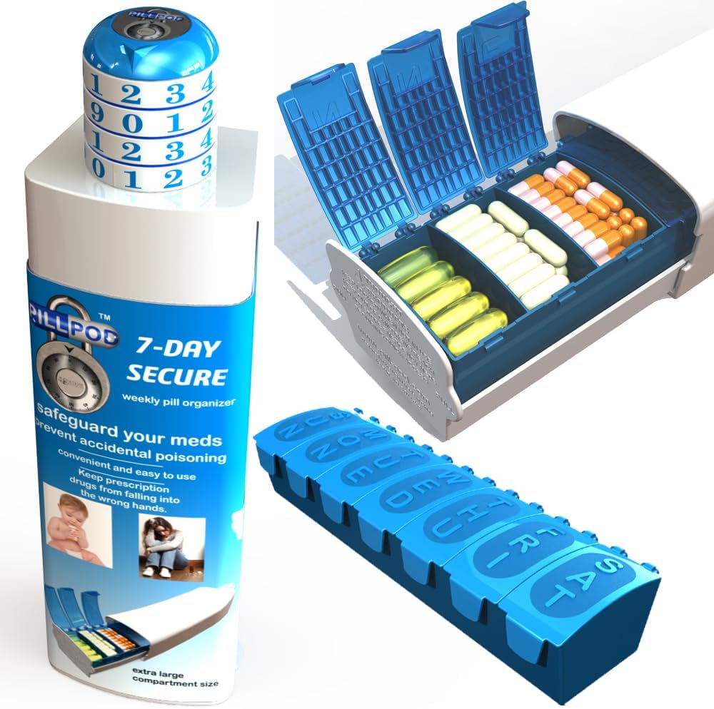 Pill Pod 7 Dag Sikker, Låsning Pill Organizer, Child- resistent Medicin Lock Box, Ekstra Stor Ugentlig Pill Planner, Senior Friendly