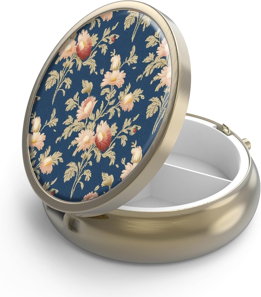 Pill Case Pill Box med spejl Retro 3 Segment Lille Pill Case til purse eller Pocket Bronze Lille Roud Pill Box eller vitaminer, fiskeolie, kosttilskud, Pill Containe Travel Gaver Retro Rose Blomsterhandlere