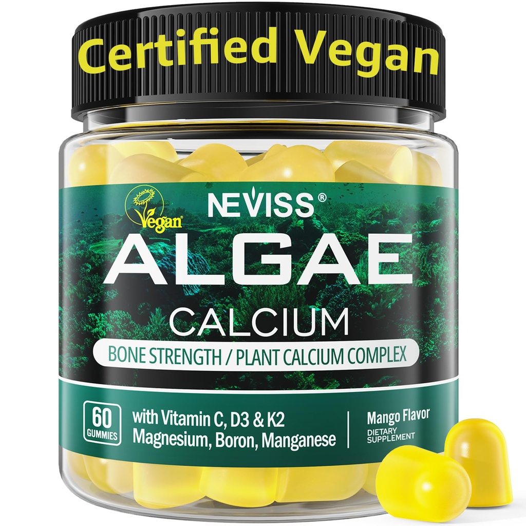 Calcium gummier for kvinder + Magneisum Vitamin D3 K2, C, Zink, Bor, Sustainable Algae (3. part testet) for ben Styrke, Nerve, Calcium Aboption, Sukker Free Calcium Supplement, Vegan, 60 Counts