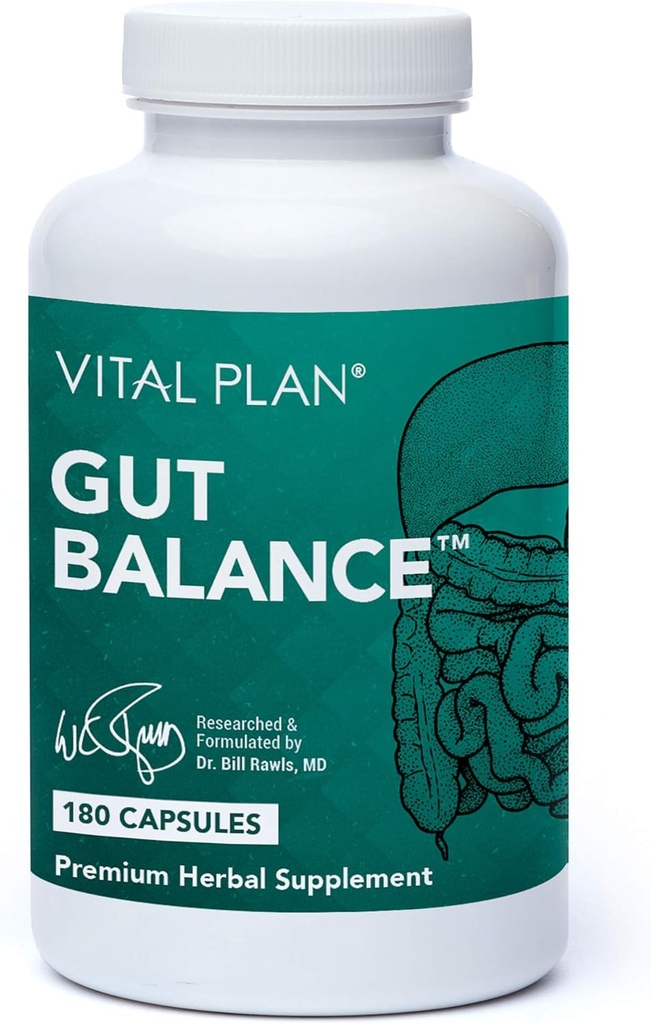 Vital Plan Gut Balance Supplement af Dr. Bill Rawls - Avanceret fordøjelsesstøtte Formel w / Clinical- Grade Slippery Elm Bark, Berberine & Dandelion Extract for kvinder & mænd (180 kapsler)