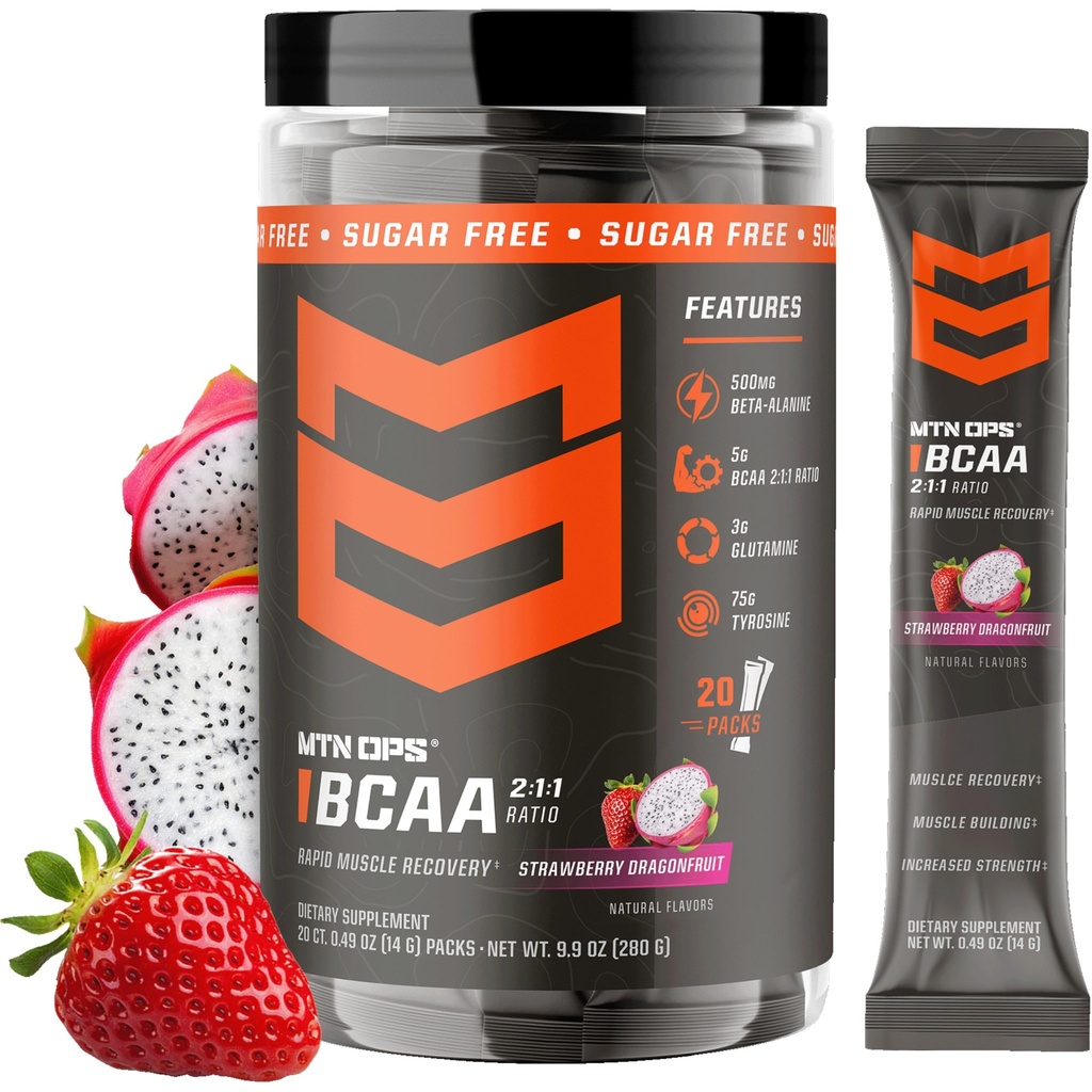 MTN OPS BCAA Powder 2: 1: 1 Aminosyrer Supplement pulver til hurtig muskel Inddrivelse & Reparation med Zero Sugar & Gluten Gratis - 20 -Servering, Jordbær Dragonfrugt Trail pakker