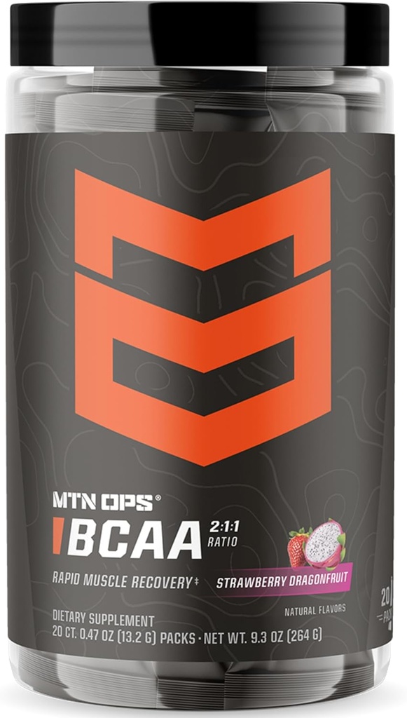 MTN OPS BCAA Powder 2: 1: 1 Aminosyrer Supplement pulver til hurtig muskel Inddrivelse & Reparation med Zero Sugar & Gluten Gratis - 20 -Servering, Jordbær Dragonfrugt Trail pakker