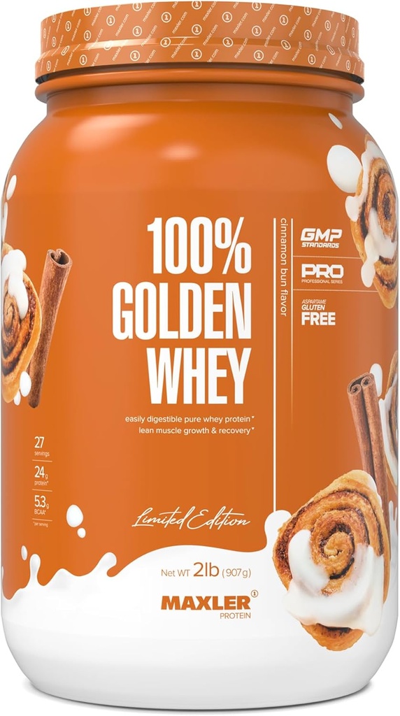 Maxler 100% Golden Whey Protein - 24g protein per servering - Premium Whey Protein Powder for Pre Post Workout - Fast- Absorbing Whey koncentrat, Isolere & Hydrolysate Blend - Kanel Bun 2 lbs