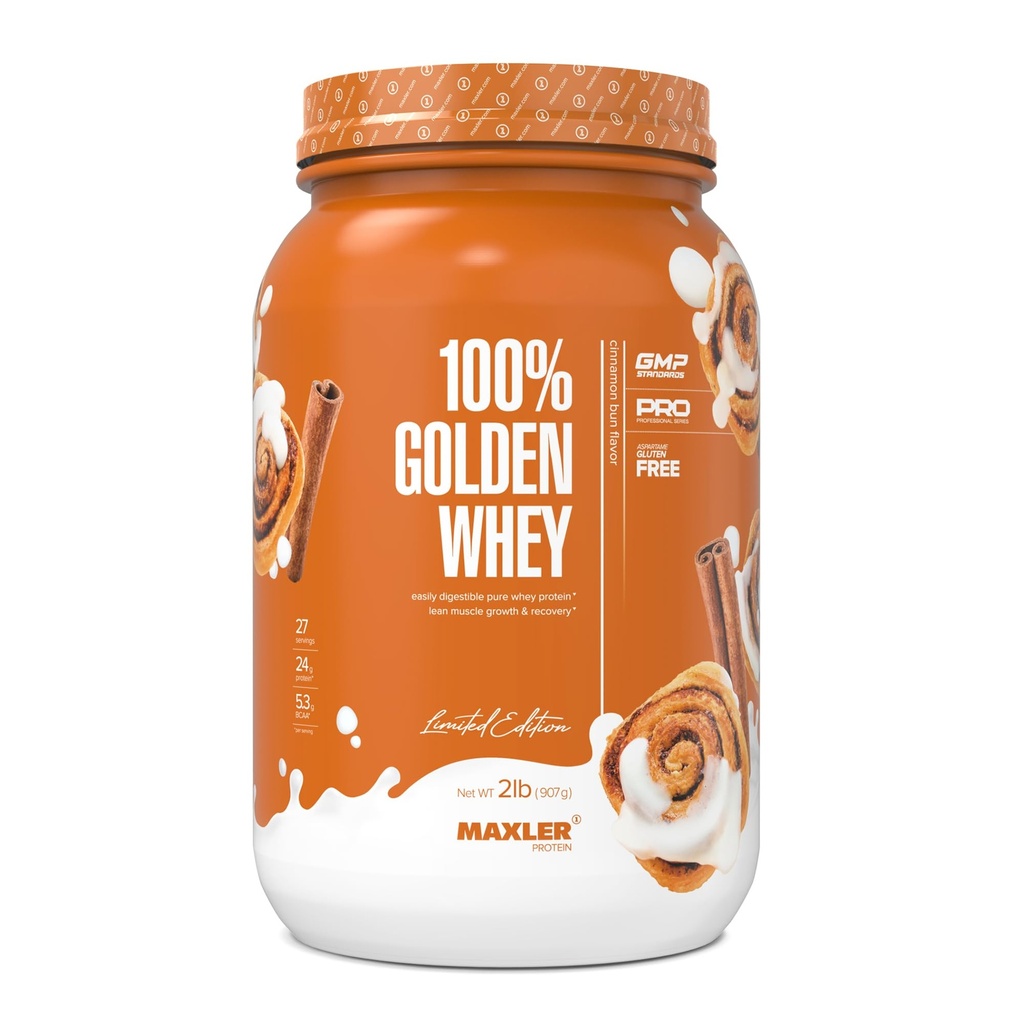 Maxler 100% Golden Whey Protein - 24g protein per servering - Premium Whey Protein Powder for Pre Post Workout - Fast- Absorbing Whey koncentrat, Isolere & Hydrolysate Blend - Kanel Bun 2 lbs