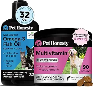 Omega 3 Fish Oil & Multivitamin Max Strength Bundle: Wild fanget Omega 3 Supplement & 15- in-1 Hund vitaminer til hud, Coat, og sundhed (32oz)