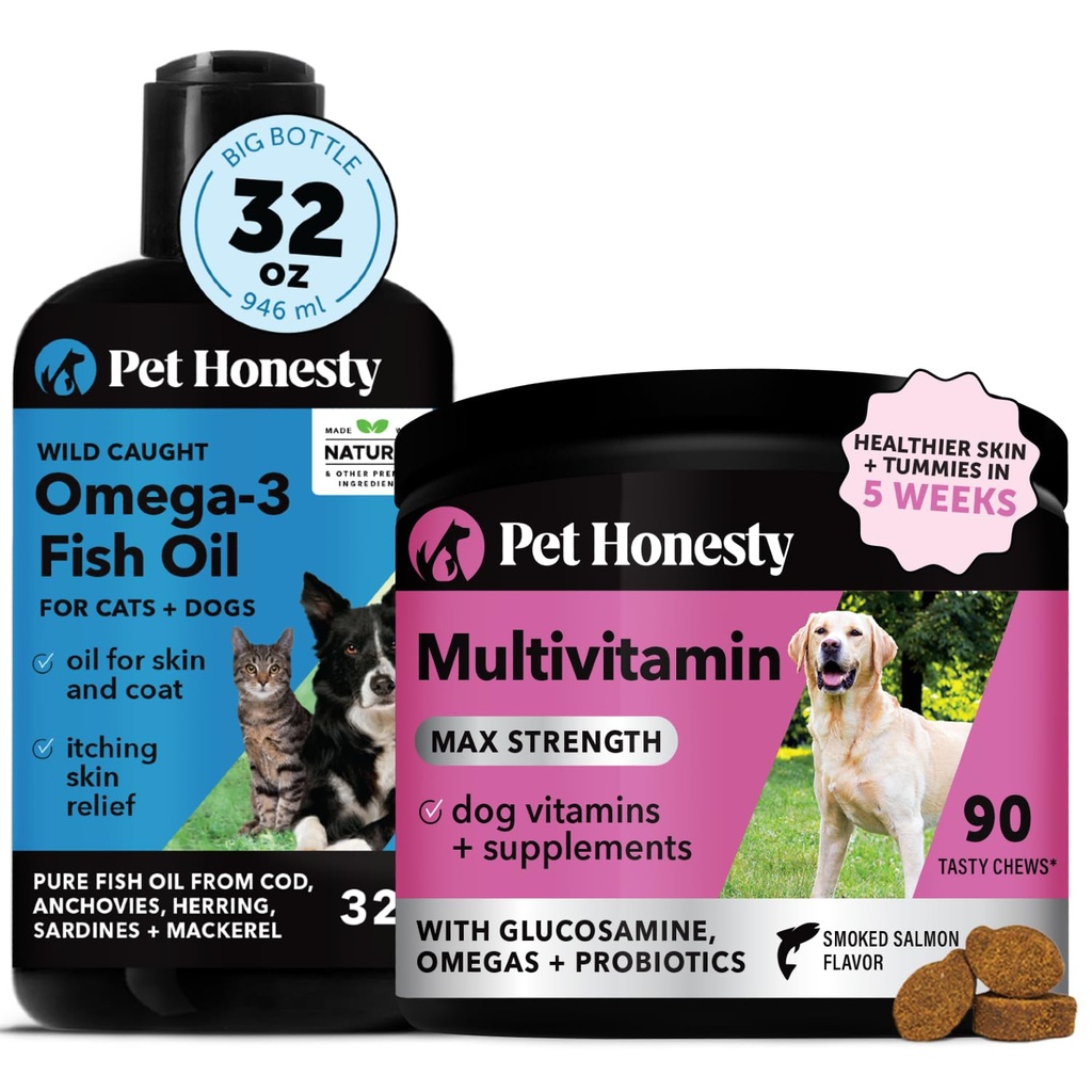Omega 3 Fish Oil & Multivitamin Max Strength Bundle: Wild fanget Omega 3 Supplement & 15- in-1 Hund vitaminer til hud, Coat, og sundhed (32oz)