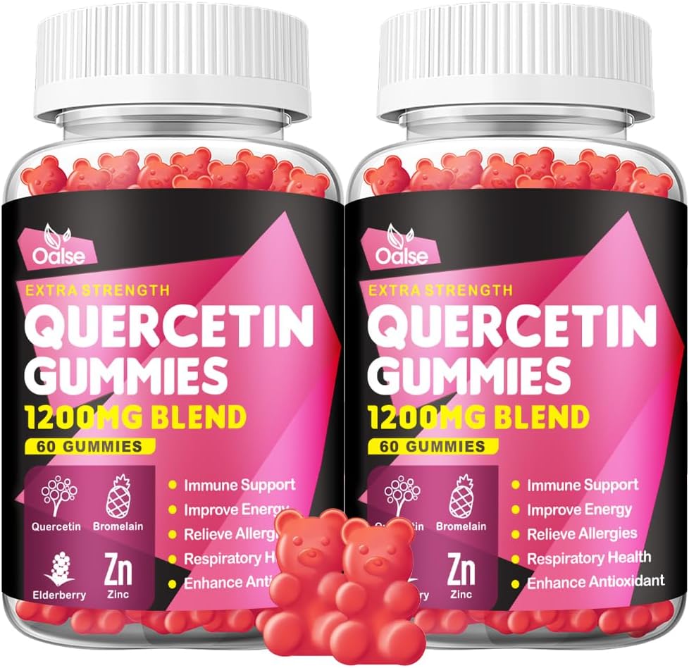 Quercetin Gummies - Quercetin med vitamin C og zink + bromelain + Elderberry + D3- 1200mg Quercetin Kosttilskud til børn og voksne Immunitet & Allergy Support (2 Pack)