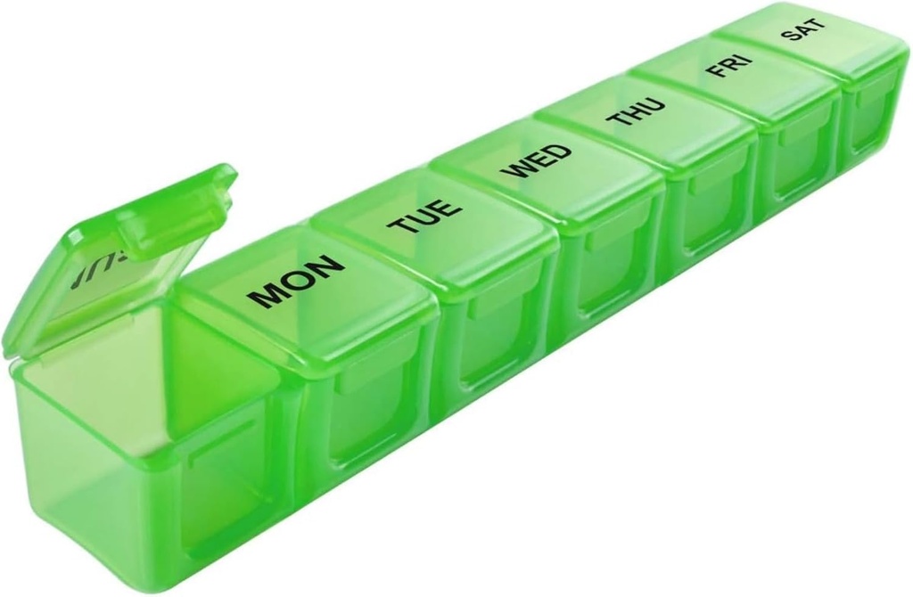 Sukuos Extra Large 7 Day Pill Organizer Let at åbne, Ugentlig Pill Box Daily Medicine Case med Clear Lid, Silkscreen Trykt Vitamin Holder for Fish Oils eller Kosttilskud (grøn)