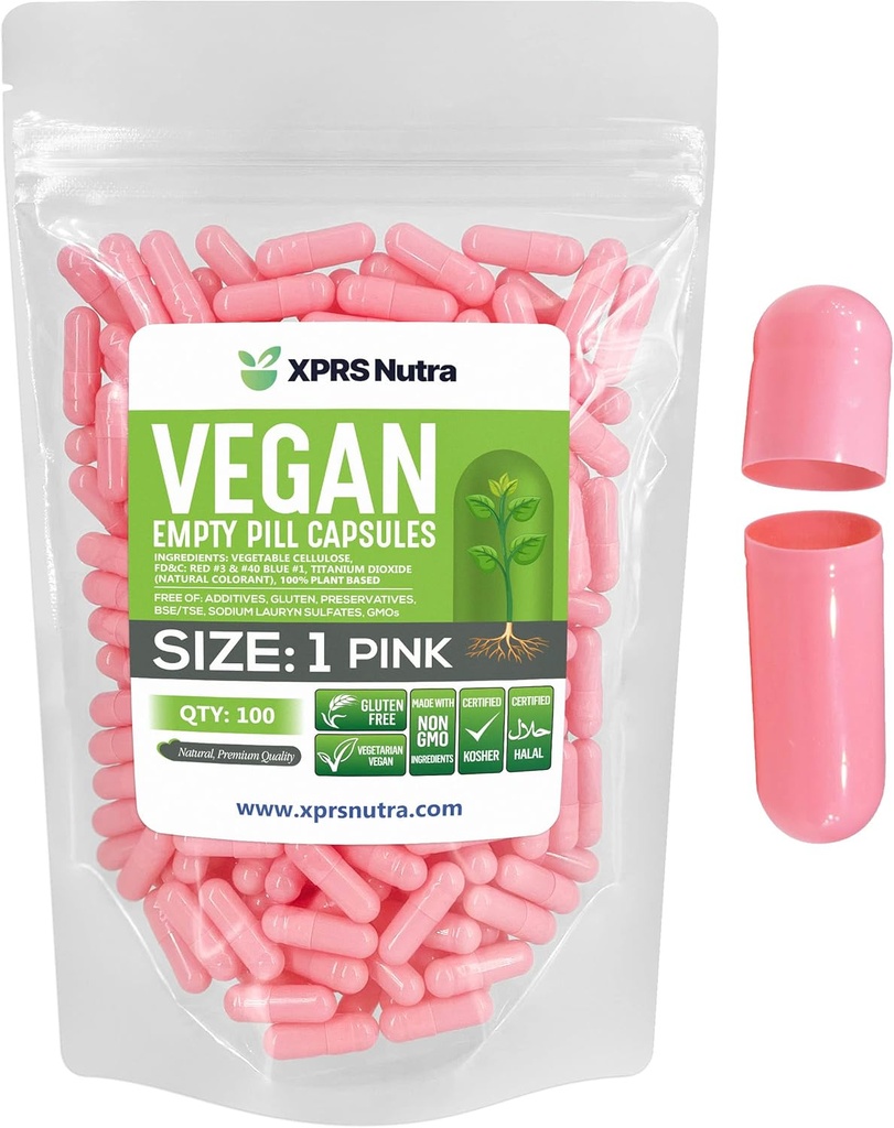 XPRS Nutra Size 1 Empty Capsules - 100 Count Empty Vegan Capsules - Vegetarian Pills - DIY Vegetable Capsule Filling- Veggie Pill Caps for Do-It-Yourself Supplements (Pink)