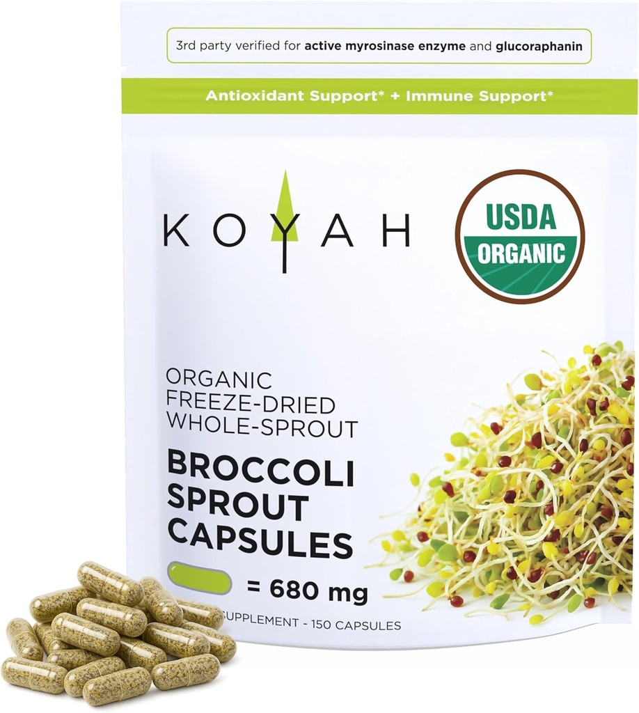 KOYAH Organic Broccoli Sprøjtekapsler - Frysetørrede hele broccoli spirer - 3. part testet for aktiv Myrosinase & Glucoraphanin (Sulforaphane Glucosinolate) - 150 kapsler