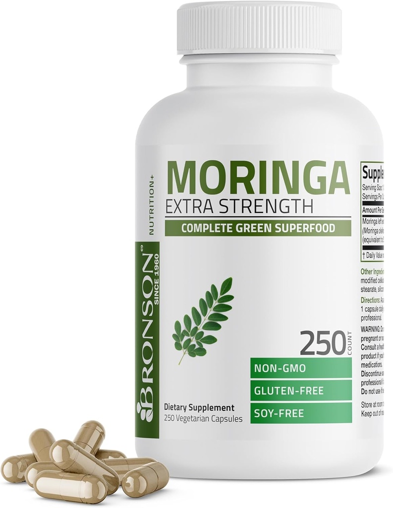 Bronson Moringa Ekstra stærke kapsler Moringa Oleifera Pulver, 250 Tæl