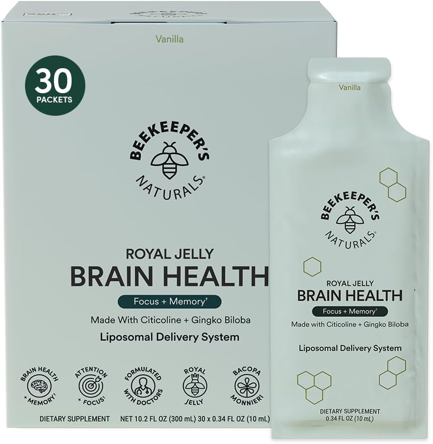 Nootrop Brain Supplement af Beekeeper 's Naturals, 500mg Citocoline, Ginkgo Biloba, Bacopa Monnieri & Royal Jelly, Understøtter Focus & Memory, Nemmere Absorption, Plus en Tasty Vanilla Flavor, 30ct