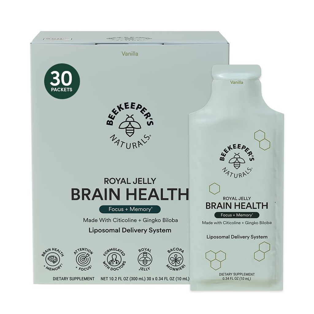 Nootrop Brain Supplement af Beekeeper 's Naturals, 500mg Citocoline, Ginkgo Biloba, Bacopa Monnieri & Royal Jelly, Understøtter Focus & Memory, Nemmere Absorption, Plus en Tasty Vanilla Flavor, 30ct