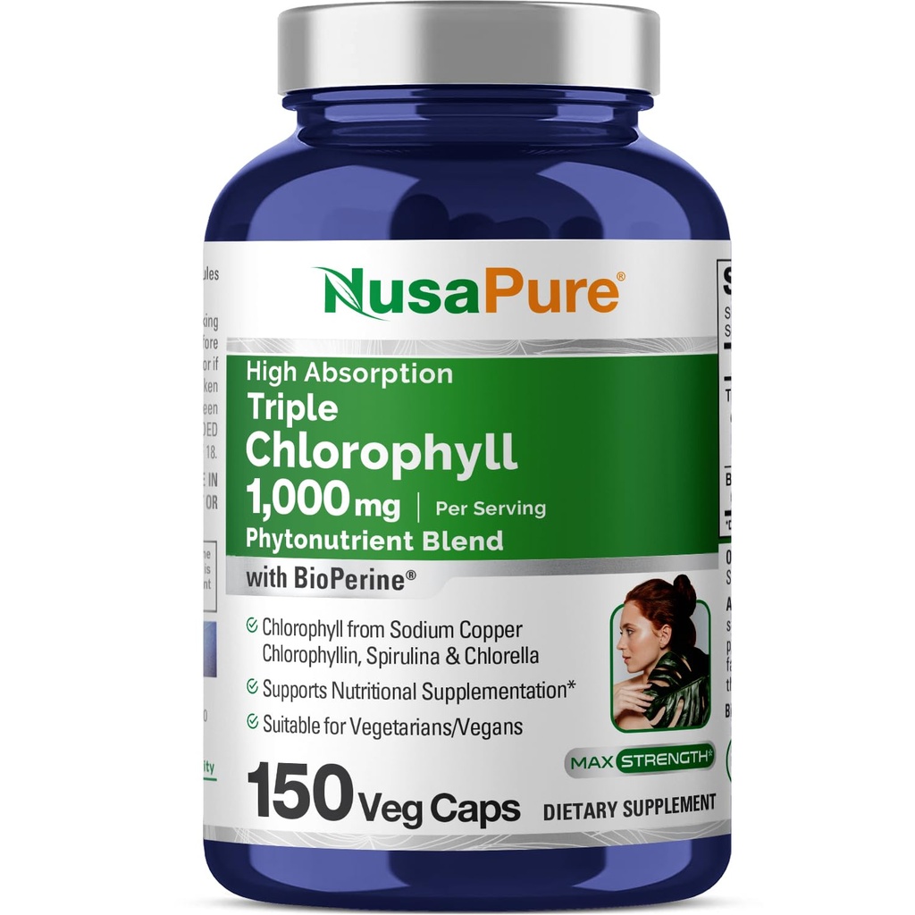 NusaPure High Absorption Triple Chlorophyll 1000 mg 150 Veg Caps Velegnet til vegetarer og Veganere, Non- GMO