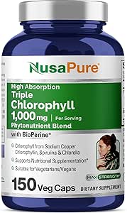 NusaPure High Absorption Triple Chlorophyll 1000 mg 150 Veg Caps Velegnet til vegetarer og Veganere, Non- GMO