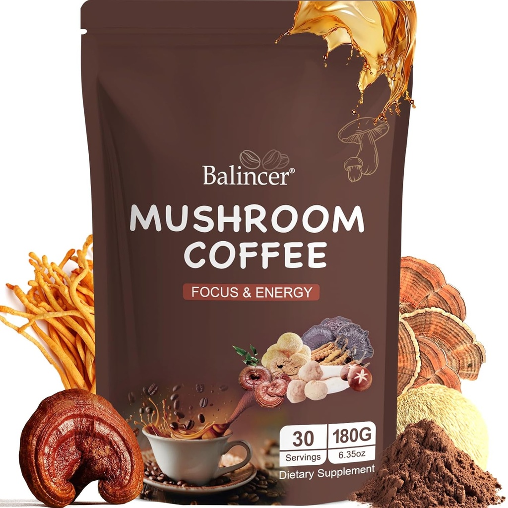 Mushroom kaffe, 6 Adaptogen Svampe (Lions Mane, Cordyceps, Tyrkiet Tail & Andet) blandet med Premium Instant Kaffe til fokus, energi, immunforsvar og Gut Health Support, 30 Servere