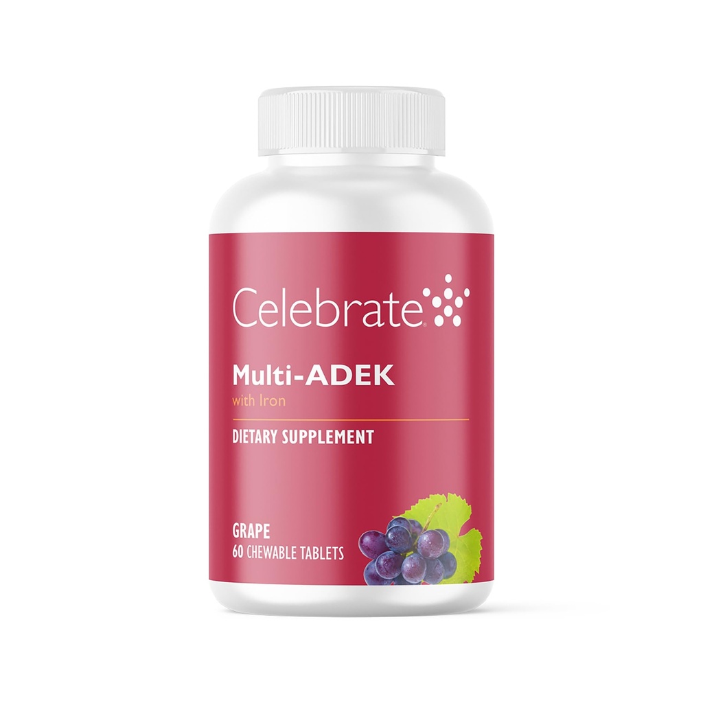Fejre Vitamin Multi ADEK Chewables, 60mg Jern - Daglig Bariatric Multivitamin, Vitamin A, D, E, K & B12 for Duodenal Switch Patienter - Grape (60 tabletter)