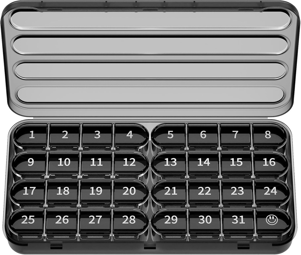 Zoksi Månedlig Pill Organizer 1 gange om dagen, 30 dag Pill Box Organizer, One Month Pill Case for Travel, 31 dag Daglig Medcine Container for Vitaminer, Supplement & Medicin (sort)