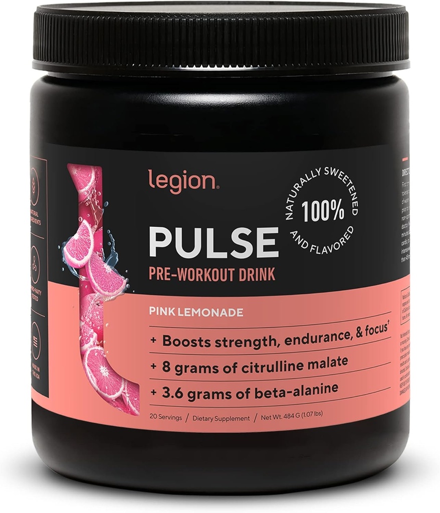 LEGION Pulse Pre Workout - Alle naturlige nitrogenoxid Preworkout Drikke til Boost Energy, Kreatin Free, naturligt sødet, Beta Alanine, Citrullin, Alpha GPC (Pink Lemonade)