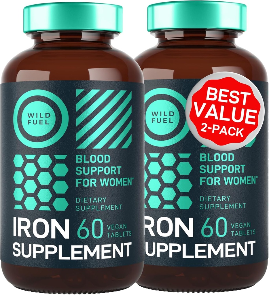Vegansk jerntilskud til kvinder med folinsyre - 35 mg blod builder ferrosulfat, folsyre 400 mcg - jernpiller til kvinder med anæmi & graviditet Support - 120 Gluten- Free Tablets - 2Pack