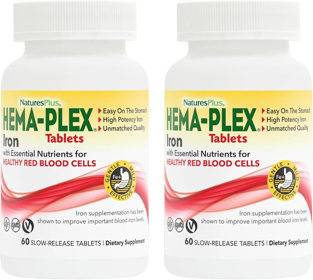NaturesPlus Hema- Plex Iron - 60 Slow-Release Tablets, Pack of 2 - Total Blood Health - 85 mg Chelated Iron - med vitamin C & Bioflavonoider - Ikke GMO, Vegetar & Gluten Gratis - 120 Total Servering