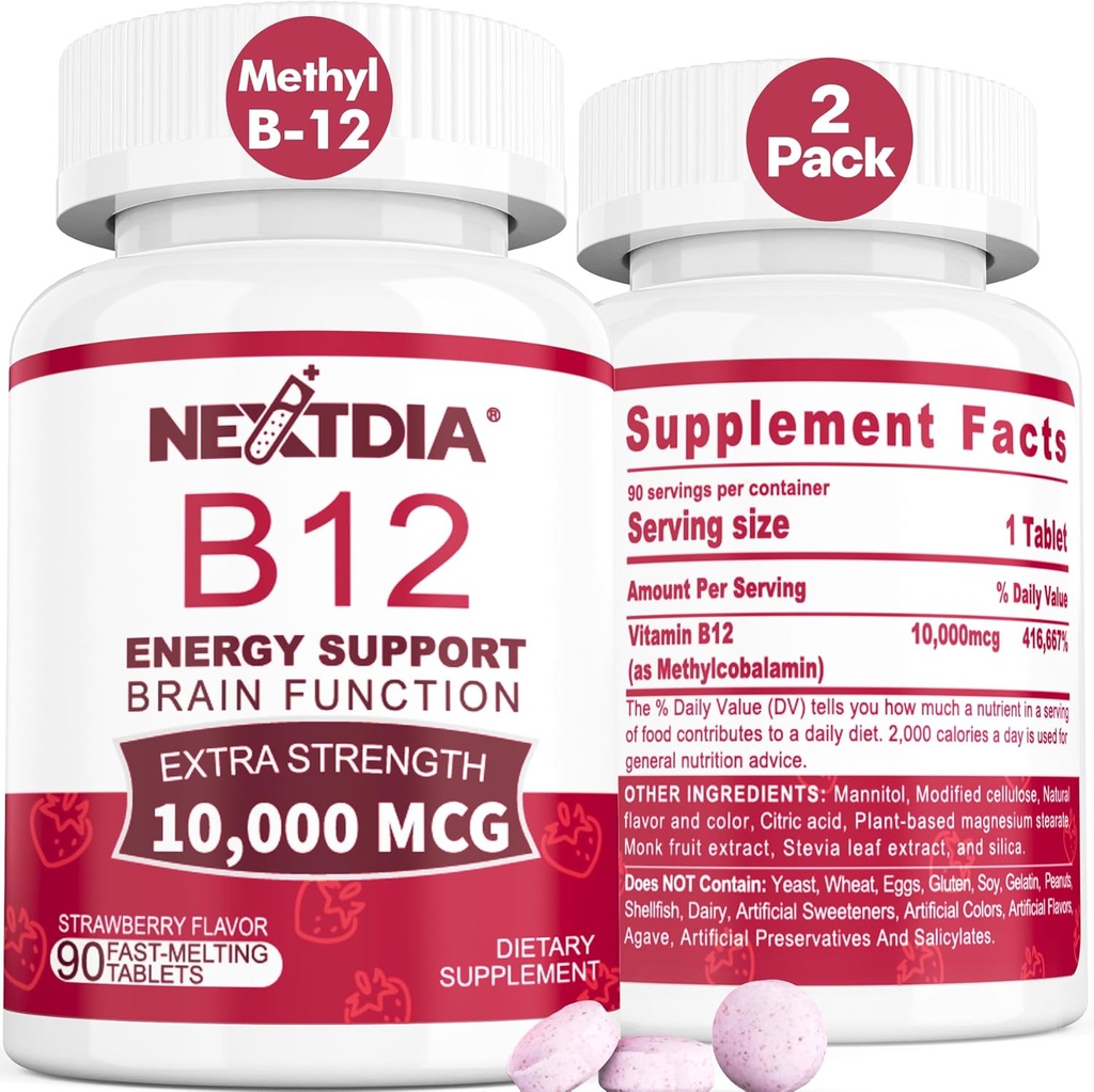 B12 Vitaminer 10.000 mcg, Metyleret vitamin B12 Sublingual - Energy Boost, Focus, Metabolisme & Brain Health Support, Immunsystemet Support, Hurtig opløsning, Natural Strawberry Flavor, 180 Servere