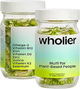 wholier Plant Based Multivitamin Vegan Omega-3 DHA EPA, D-vitamin, B12, Zink, Vitamin K2, Jern, Jod, Selen. 60 Count (30-Day Supply) glasflaske