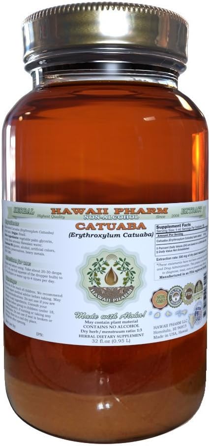 Catuaba Alkohol- Free Liquid Extract, Catuaba (Erythroxylum Catuaba) Tørret Bark Glycerit Hawaii Pharm Natural Herbal Supplement 32 oz Ufiltreret
