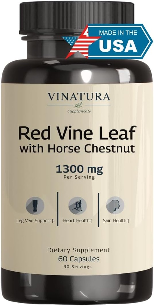 VINATURA Red Vin Leaf Extract - Horse Chestnut, 1300mg / servering * USA Made and Tested * Circulation og Vein Support for Sunde Ben - Hjælper Blood Flow, Leg Circulation - 60 Kapsler (30 Servere)
