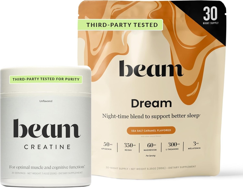 Beam Dream Sleep Powder & Creatine Bundle, Tredjeparts Testet Natural Sleep Aid & Recovery Supplement med mikroniseret Creatin Monohydrat, Unflavored Pure Creatin Powder for Muscle Strength, Energy