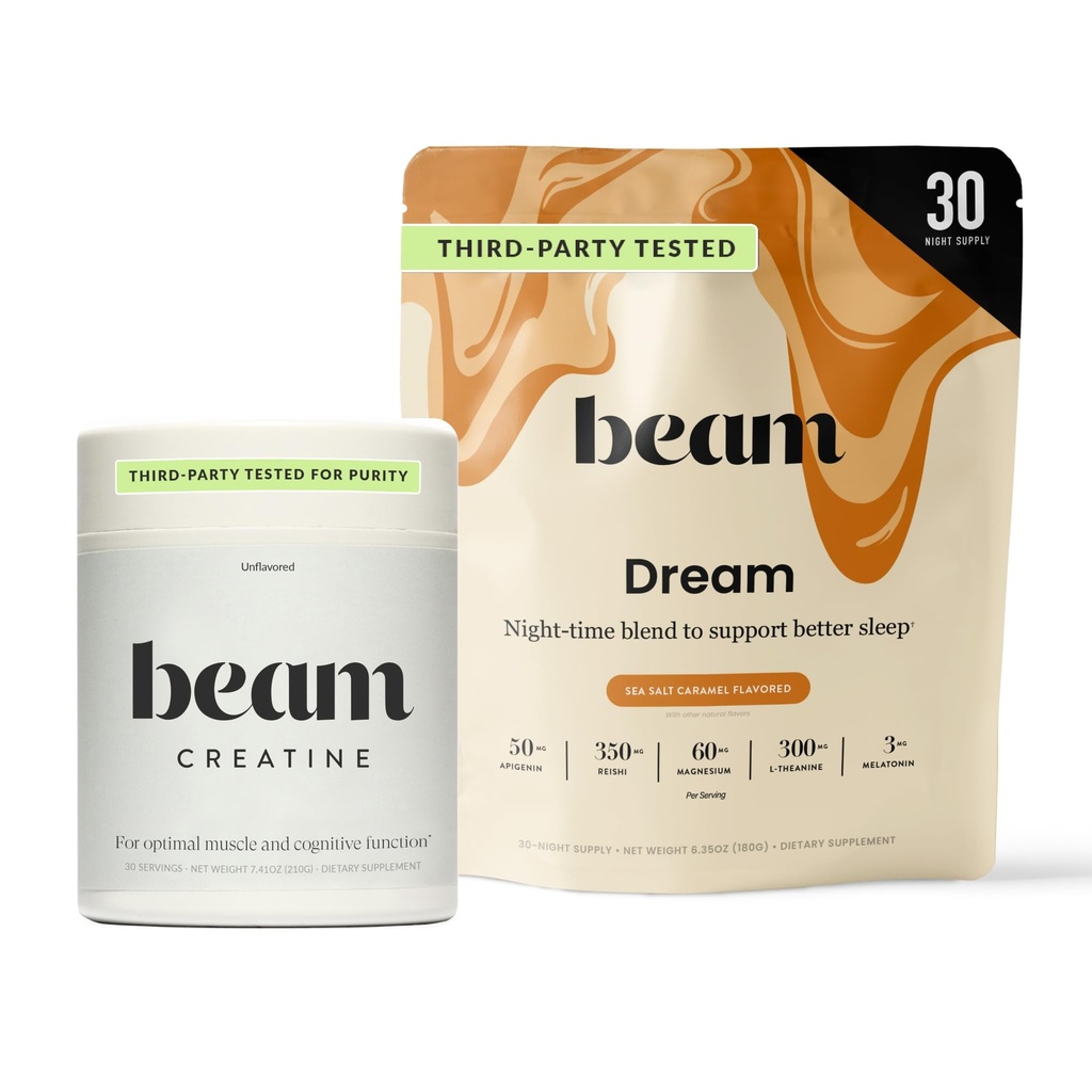 Beam Dream Sleep Powder & Creatine Bundle, Tredjeparts Testet Natural Sleep Aid & Recovery Supplement med mikroniseret Creatin Monohydrat, Unflavored Pure Creatin Powder for Muscle Strength, Energy