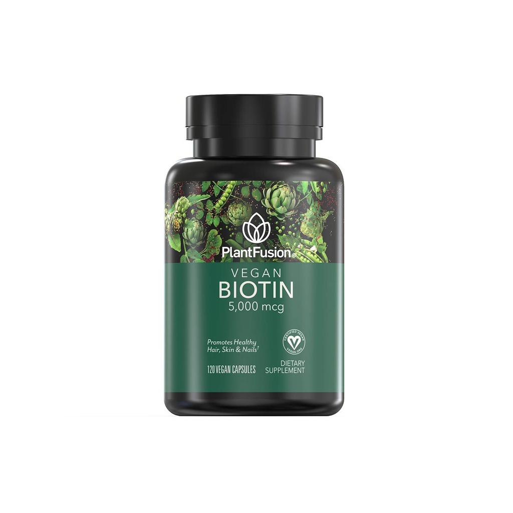 PlantFusion Vegan Biotin fra, Premium Vegan Biotin for kvinder og mænd (5000mcg), naturlige hår hud og negle vitaminer, 120 Vegan kapsler