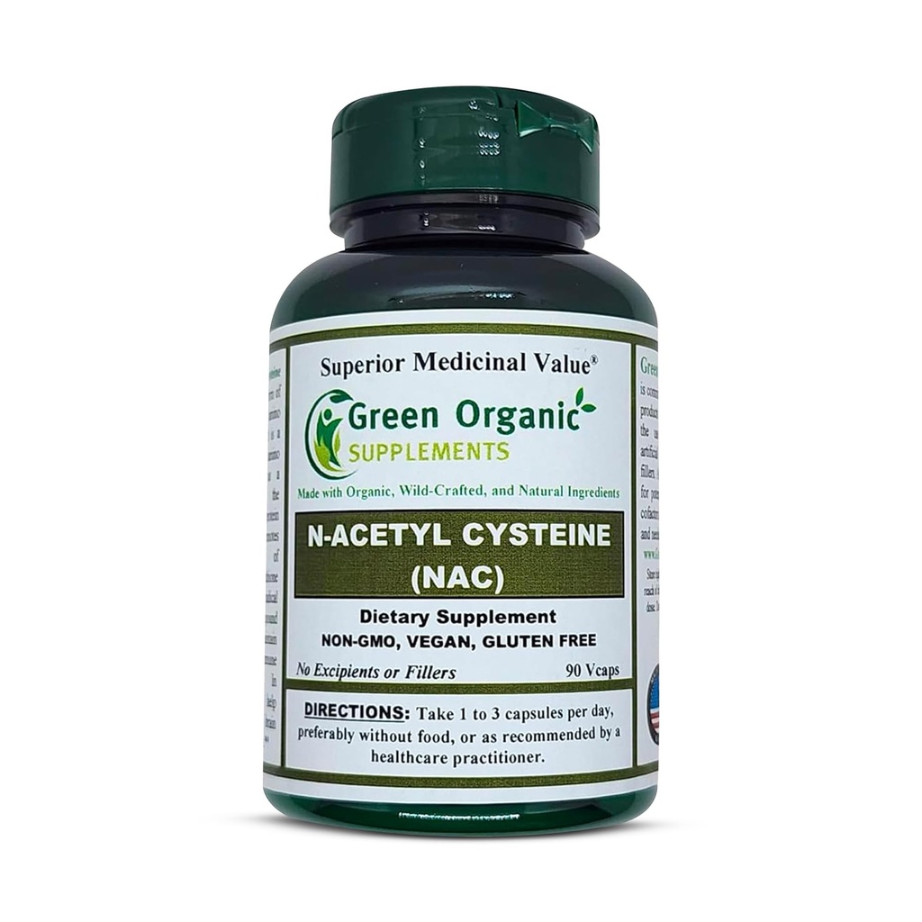 Green Organic Supplements 'N- Acetyl Cysteine (NAC), 90 VCaps, High Absorbable, Non- GMO, Gluten- Free Measures 124; Balance immunsystem og understøtter sundhed (pakke med 1)