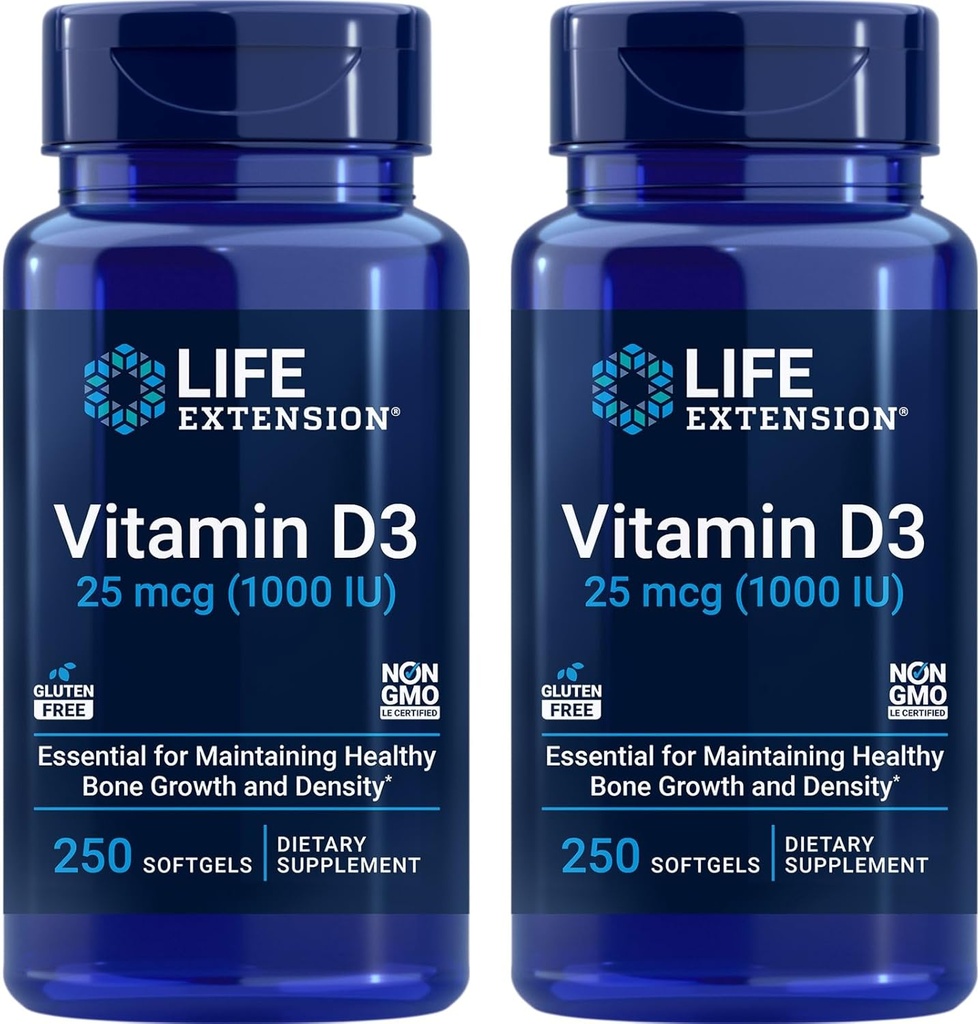 Life Extension Vitamin D3 25 mcg (1000 IE), Immunsystemet Support, Knoglesundhed, Whole- Body Health, Værdi, Gluten- Free, Non- GMO - Two Pack - 2 x 250 Softgels