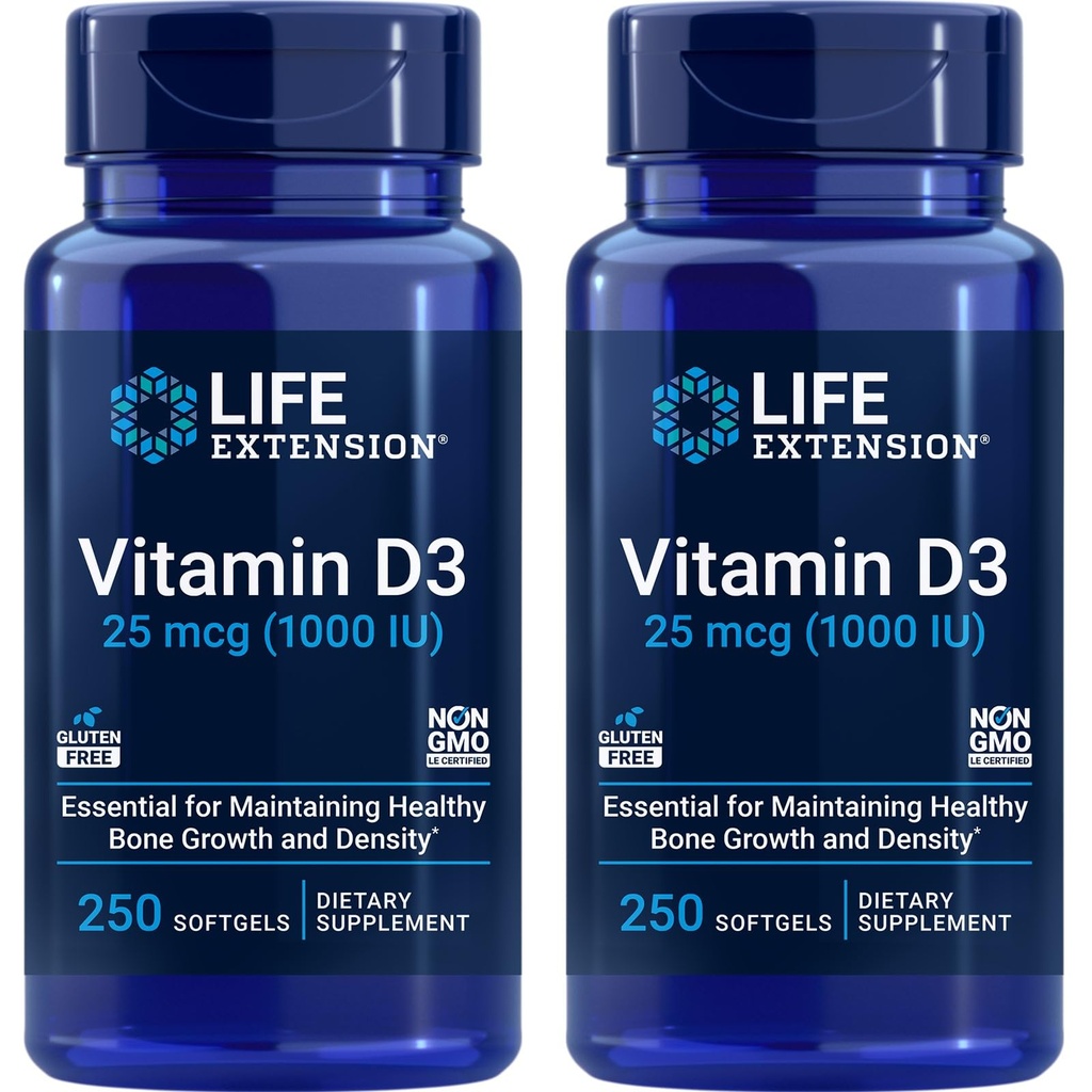 Life Extension Vitamin D3 25 mcg (1000 IE), Immunsystemet Support, Knoglesundhed, Whole- Body Health, Værdi, Gluten- Free, Non- GMO - Two Pack - 2 x 250 Softgels