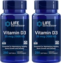 Life Extension Vitamin D3 25 mcg (1000 IU), Immune System Support, Bone Health, Whole-Body Health, Value Size, Gluten-Free, Non-GMO – Two Pack - 2 x 250 Softgels