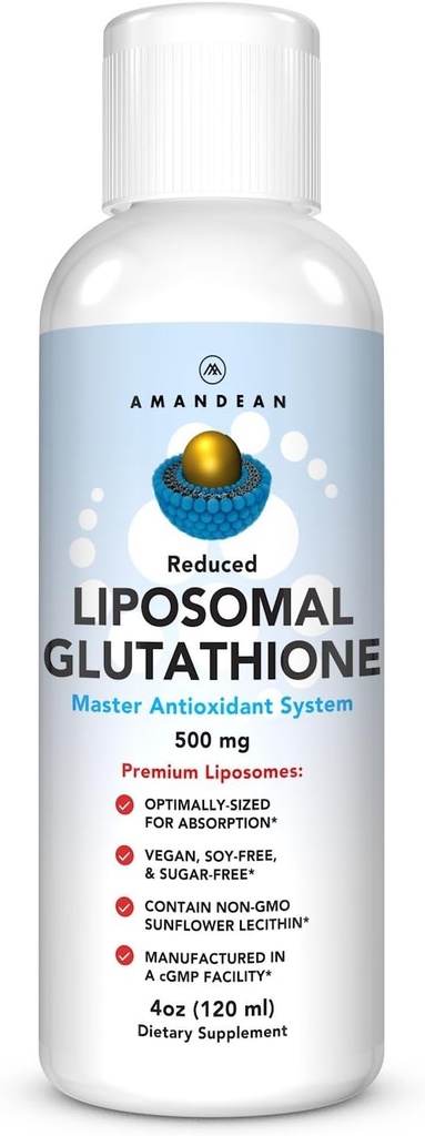 AMANDEAN Liposomal Glutathione supplement. Flydende Reduceret Setria 500 mg. Immunstøtte, Hjerne Sundhed, Lever Detox, Hud Sundhed. Phosphatidylcholin fra non-GMO solsikke Lecithin. Soy- Free & Vegan.