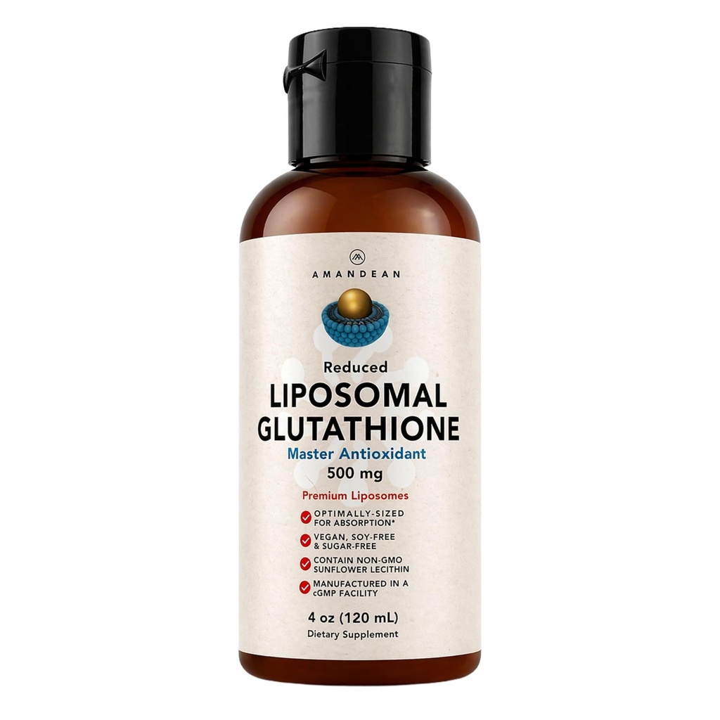 AMANDEAN Liposomal Glutathione supplement. Flydende Reduceret Setria 500 mg. Immunstøtte, Hjerne Sundhed, Lever Detox, Hud Sundhed. Phosphatidylcholin fra non-GMO solsikke Lecithin. Soy- Free & Vegan.