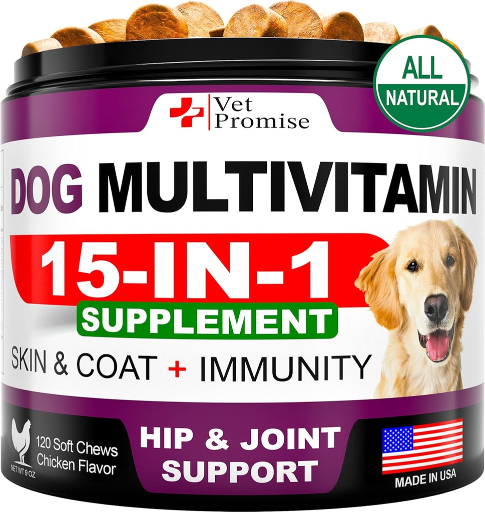 Hund Multivitamin Chewable med Glucosamin - Hund Vitaminer og kosttilskud - Senior & Puppy Multivitamin til hunde - Pet Joint Support Health - Immunity - Mobility - Energy - Gut - Hud - 120 Tyre