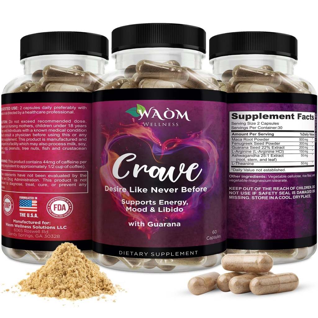 Crave - Women 's Desire Booster med Maca, Ashwagandha & L- Theanine - Natural Energy, Mood & Hormone Balance Support - 60 Veganske Kapsler